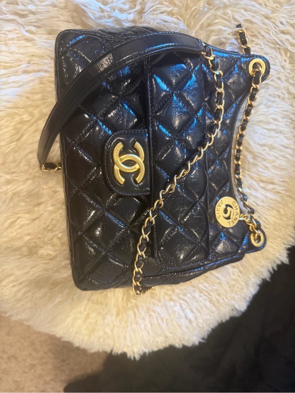 CHANEL Black Quilted Patent Leather Crossbody with Gold Chain & CC Turnlock - Picture 8 of 9
